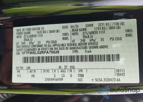 2024 Ford F-150 Lariat из США, поврежденный, VIN 1FTFW5L52RFA75628